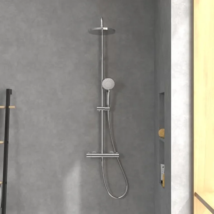 Villeroy & Boch Universal Showers Duschsystem, Duschset mit verstellbarem Handbrausehalter, Regendusche und Thermostat, Handbrause mit 3 Strahlarten, runder Duschkopf, Chrom – Bild 2