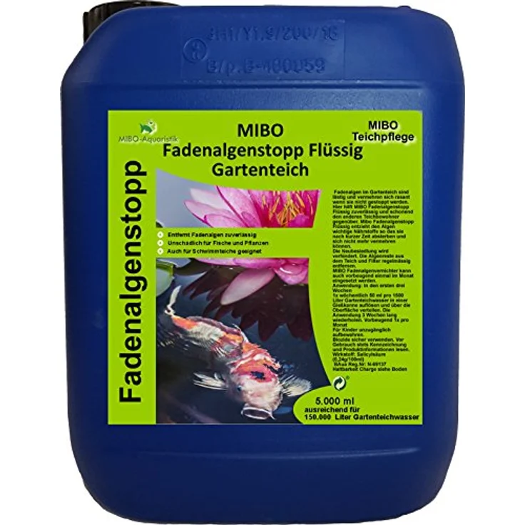 MIBO Fadenalgenvernichter Flüssig 5L, Algenstopp für 150.000 Liter Teichwasser, ohne Kupfer und Schwermetalle, auch für Schwimmteiche geeignet – Bild 1