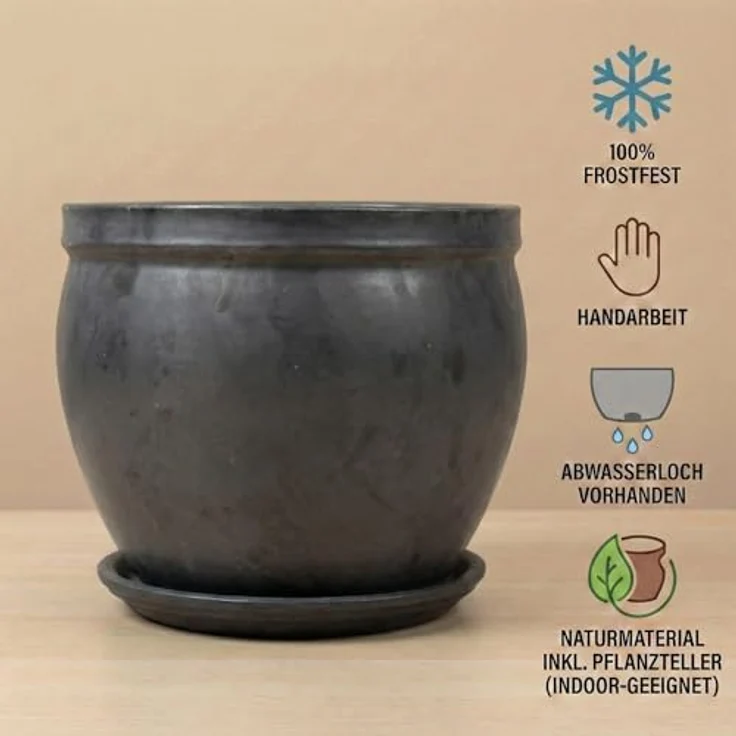 Teramico Blumenkübel Keramik mit Teller Ø 21cm, handgefertigter frostfester Pflanztopf aus Steinzeug für Innen & Außen, glasiert in Anthrazit – Bild 4