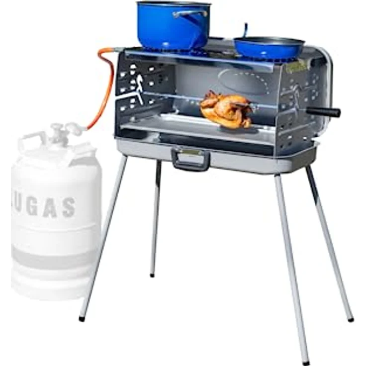 BERGER Camping Gasgrill Klappbar | Tragbarer Koffergrill mit 3 Brenner | 50 mbar für schnelles Kochen | 3 Kochstellen & ein Grillspieß inklusive | Für das ultimative Grillvergnügen – Bild 1