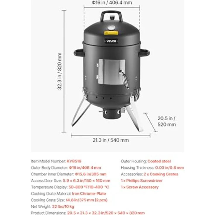 VEVOR Räuchertonne, 40 cm vertikaler Holzkohlegrill aus beschichtetem Stahl mit 2 Grillrosten, Thermometer und herausnehmbarer Ascheschale, BBQ Räucherofen für Grillpartys – Bild 7