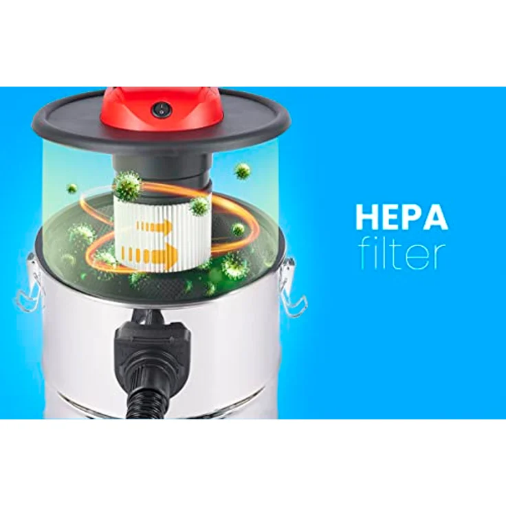 LEHMANN Haddo Industriestaubsauger 2000W | Aschesauger für Kamin mit Doppelfilteranlage | Kaminsauger Ascheschlucker | Nass Trockensauger mit 20 Liter Edelstahltank, Silber – Bild 2
