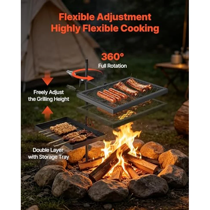 VEVOR Schwenkgrill KJ001, 360° Höhenverstellbarer Lagerfeuergrill aus Kohlenstoffstahl mit Grillrost, drehbar für Outdoor und Camping – Bild 5