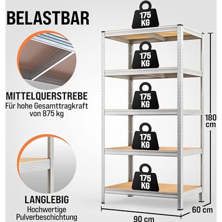2x Monzana Schwerlastregal XL 180x90x60cm 875kg 5 MDF-Platten Regal Lagerregal Kellerregal Steckregal Werkstattregal – Bild 2