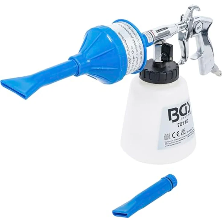 BGS Druckluft-Schaumpistole, Druckluftaufsatz mit integriertem Ventilschalter und zwei Düsenaufsätzen zur effektiven Reinigung von Polstern und Fahrzeugen – Bild 1