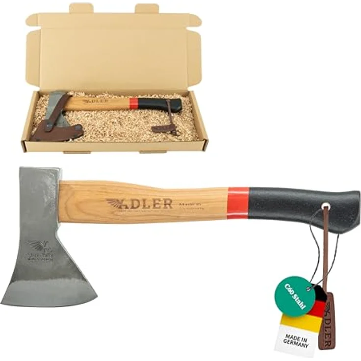 Adler Rheinlandbeil inkl. Lederschutz: Geschmiedetes Holzbeil aus C60-Stahl, Holzaxt mit 36 cm Hickory-Stiel, Anti-Rutsch Outdoor-Beil, Survival Axt für Camping & Wandern, Rot/schwarz, 600 g – Bild 1