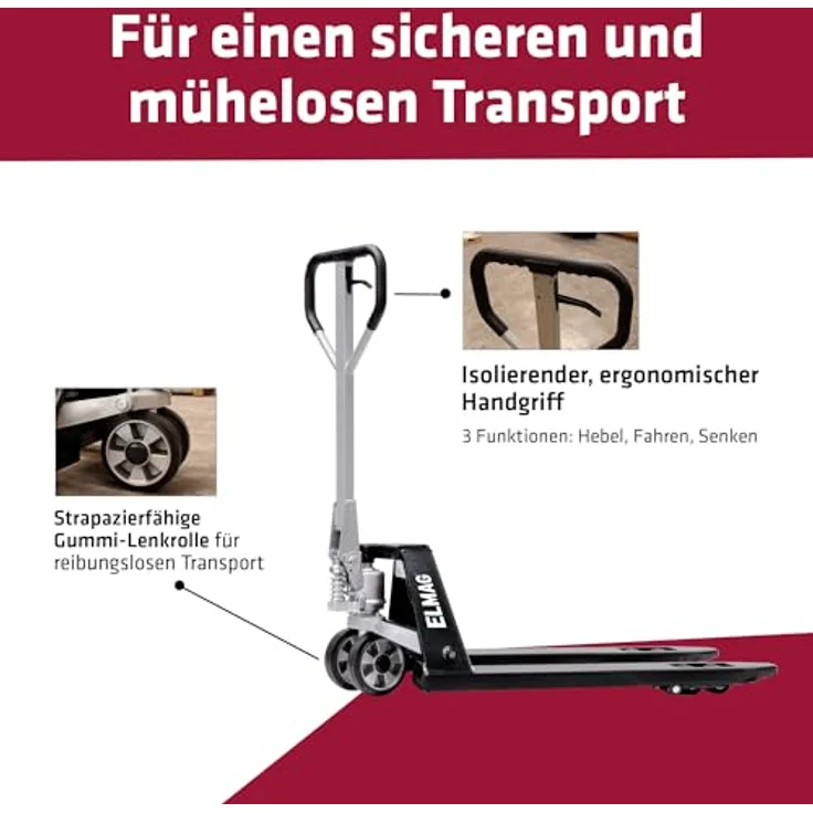 ELMAG Handhubwagen kurz HWK 2500, Palettenwagen mit 2500 kg Tragkraft, 800 mm Gabellänge, 540 mm Gabelbreite, Gummiräder & Polyurethan-Tandemrollen für mühelosen Transport – Bild 2
