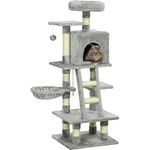 PawHut Katzen Kratzbaum mit Katzenhöhle 132 cm, Spielball, Korb, Kletterbaum - Sisal, Grau