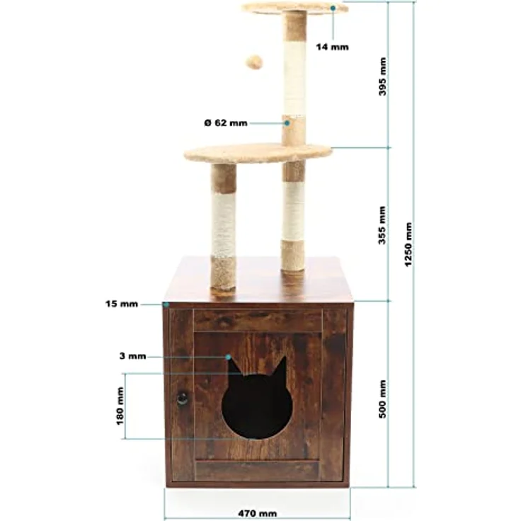 Fudajo Kratzbaum aus Holz 125 cm mit Katzenhaus, Design Katzenkratzbaum in Vintagebraun, 2in1 Katzenhaus mit Katzenklo, Kletterbaum für Katzen – Bild 5