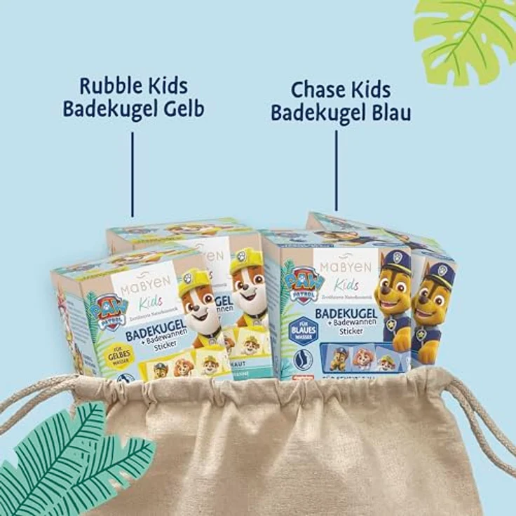 MABYEN PAW PATROL Kids Badekugel Set, Naturkosmetik mit 2x blauen Chase Badekugel (Blaubeerduft) & 2x gelben Rubble Badekugel (Tropical Duft), vegan und hautfreundlich – Bild 2