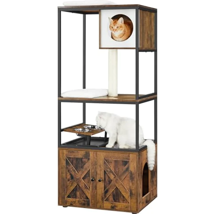Feandrea Kratzbaum, Katzenbaum, Katzenhaus mit Katzenklo-Schrank, erhöhter Napfständer, Sisalstamm, waschbare Kissen, vintagebraun PCT312X01 – Bild 2