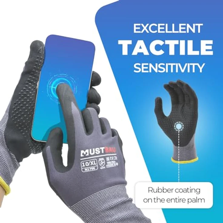 Mustbau Arbeitshandschuhe Schwarz, Nitril-beschichtet mit Touchscreen-Funktion, Größe XL, 6 Paare, ideal für Mechaniker, Gartenarbeit und Bauarbeiten – Bild 2