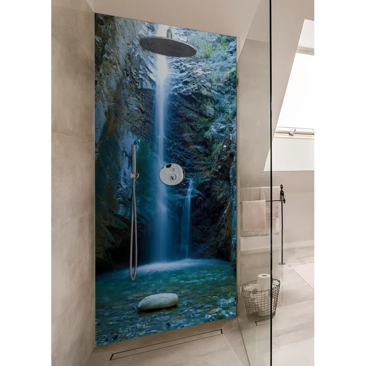 Wallario Duschrückwand Wasserfall bei Sonneneinfall, (1-tlg) - Modernes Design, selbstklebend, kratzfest, blau-grün-braun
