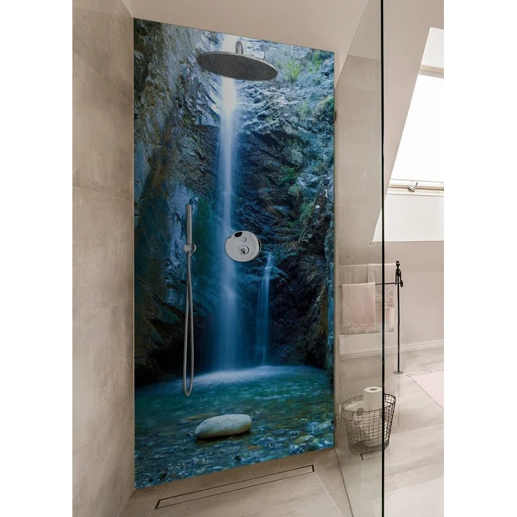 Wallario Duschrückwand Wasserfall bei Sonneneinfall, (1-tlg) - Modernes Design, selbstklebend, kratzfest, blau-grün-braun