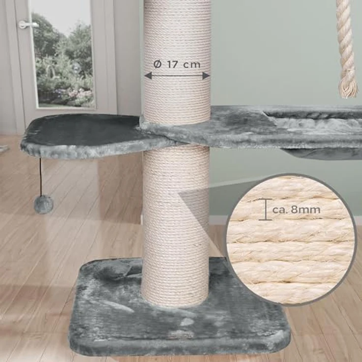 HAPPYPET XXL Kratzbaum-Landschaft, 2-in-1 Aktivitäts- und Sisal-Paradies, 280cm hoch, für große Katzenrassen, Premium Plüsch, stabiler Deckenspanner – Bild 3