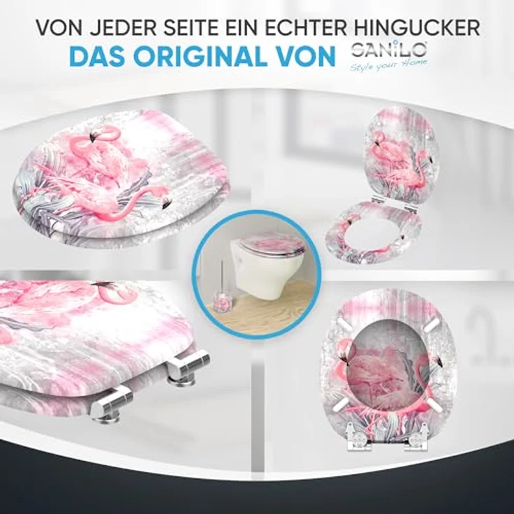 Sanilo WC Sitz Flamingo 2, Toilettendeckel aus Holz mit Absenkautomatik, antibakterieller Oberfläche, 47x37,7 cm – Bild 8