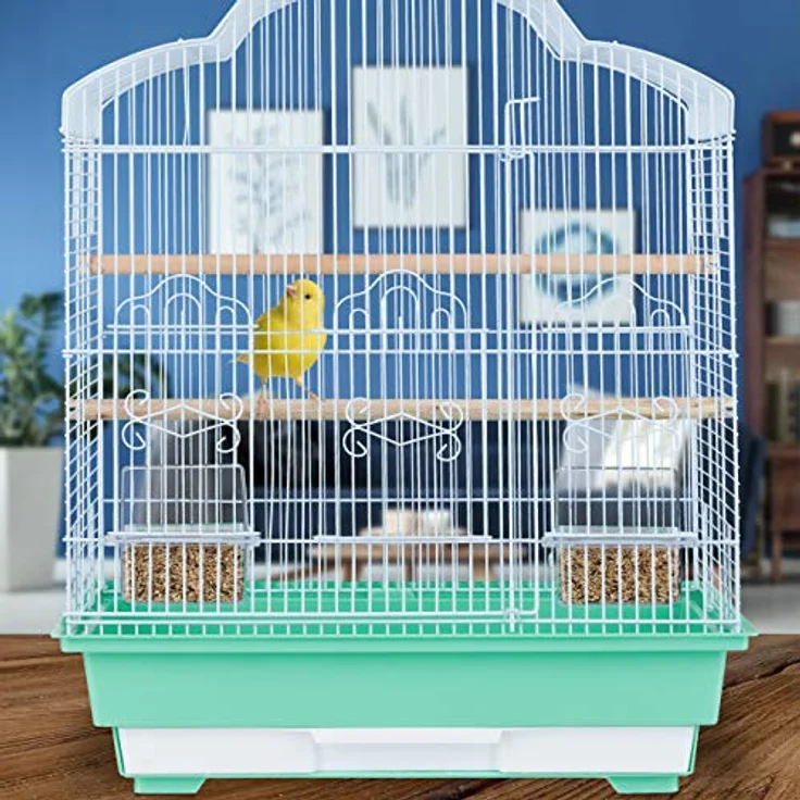 Relaxdays Vogelkäfig, Metallkäfig für kleine Kanarienvögel, Sitzenstangen & Futternäpfe, HBT 56,5 x 46,5 x 35,5 cm, grün – Bild 3