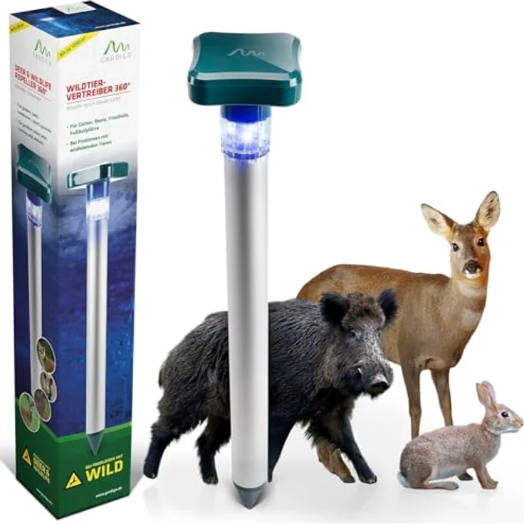 GARDIGO® Wildtierabwehr mit blauem LED-Licht | Wildtier-Vertreiber mit 360° Streuung für den Garten | Wildtiere vertreiben durch blaues Licht | Für Friedhöfe, Gärten, Sportplätze, Beete