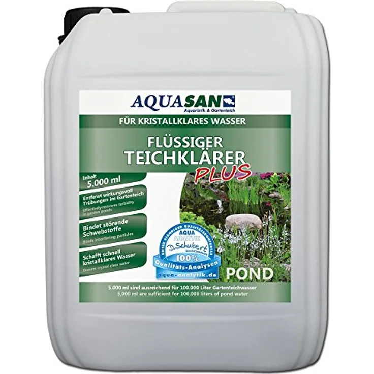 AQUASAN Gartenteich Flüssiger TeichKlärer Plus (Sorgt schnell für kristallklares Wasser im Teich, bindet die Schwebstoffe im Teich-Wasser - Teichklar), Inhalt:5 Liter