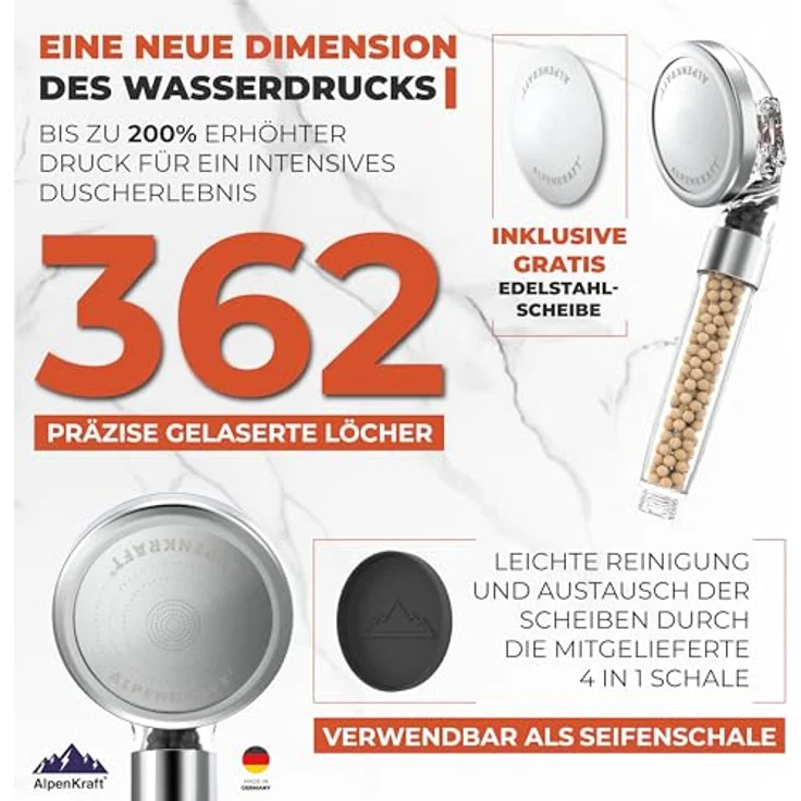 ALPENKRAFT Zugspitze Duschkopf Original Made in Germany - Duschkopf wassersparend und druckerhöhend - Hochdruckduschkopf mit Aktivkohle und Zeolith Filterperlen – Bild 5