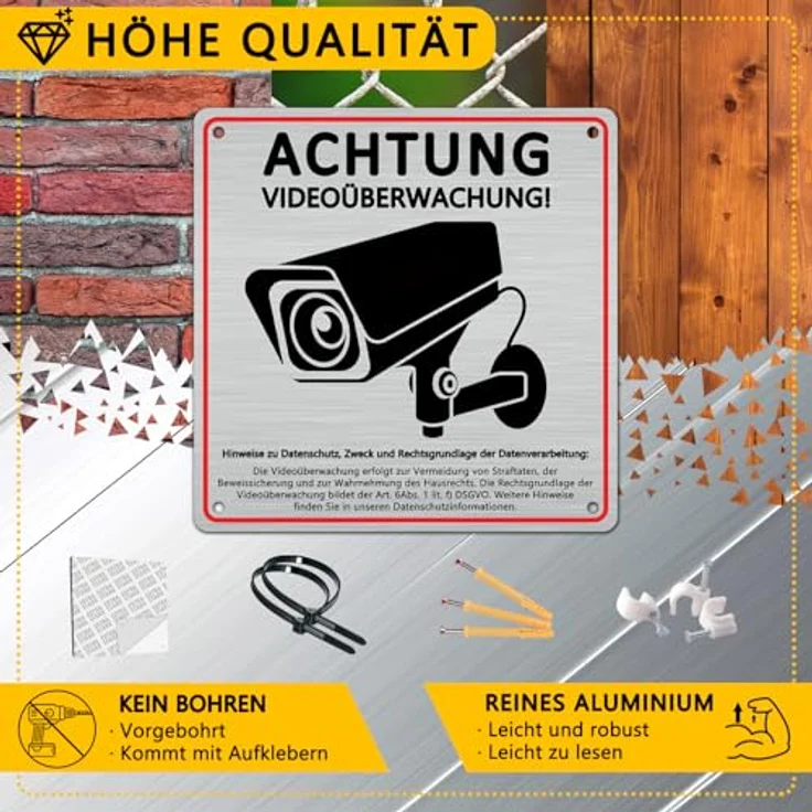 DADAPANGHU 4 Stück Videoüberwachungsschild mit DSGVO Hinweis, 15x15cm, gebürstetes Aluminium, selbstklebend, vorgebohrt, für Innen- und Außenbereich – Bild 4