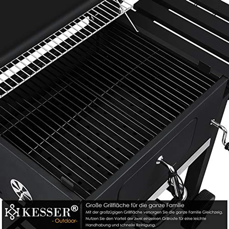 KESSER Grill Grillwagen XXL Holzkohlegrill mit Deckel, Rädern, Edelstahl-Griff, Grillrost und Thermometer Holzkohle kohlegrill Wagen groß Kohle BBQ Barbeque Camping, Terrasse, Garten Schwarz – Bild 4