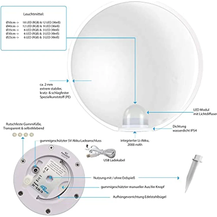 @tec Kabellose 25cm LED Kugel-Leuchte, Gartenbeleuchtung mit Farbwechsel, Fernbedienung & 16 Farben, spritzwassergeschützt, hängend & stehend – Bild 5