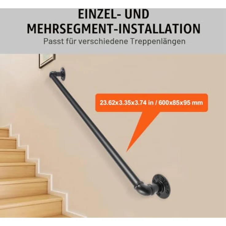 VEVOR Retro Wasserrohr Handlauf 60cm, Kohlenstoffstahl mit mattem Finish, 200kg Traglast für Innen- und Außenanwendungen – Bild 4