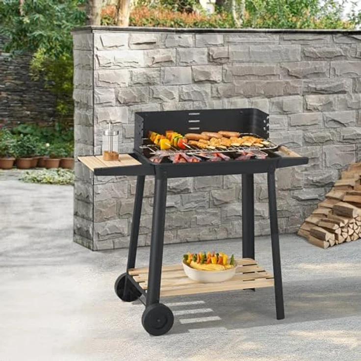 casa.pro Grillwagen Ari Holzkohlegrill BBQ Grillrost aus emailliertem Edelstahl Gartengrill 2 Räder Windschutz mit Grillrosthöhenverstellung 78x86x30cm Schwarz/Holz – Bild 1