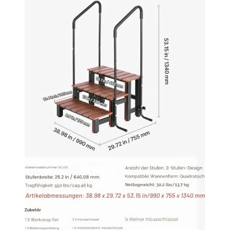 VEVOR Badewannenstufe Pooltreppe 3-stufige Außentreppe, 640 mm breit, 249 kg Tragkraft in Braun & Schwarz, rutschfeste Trittflächen, vielseitig für Pools und Terrassen – Bild 7