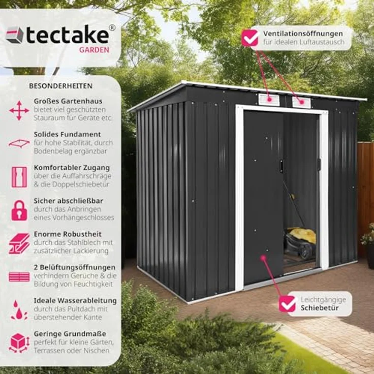 tectake® Metall Gartenhaus mit Schrägdach, Geräteschuppen Garten, 4 m³ Lagerfläche - grau/weiß, Schiebetür und Metallfundament – Bild 2