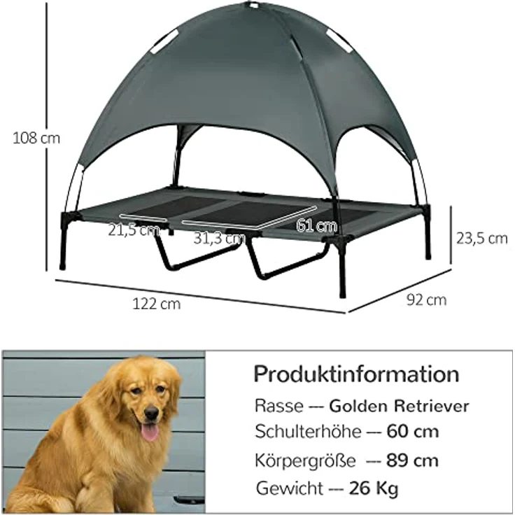 Pawhut Haustierbett mit Baldachin, Erhöhtes Hundebett, Hundeliege Outdoor mit Dach, Atmungsaktiv, Taftstoff Grau 122 x 92 x 108 cm – Bild 3