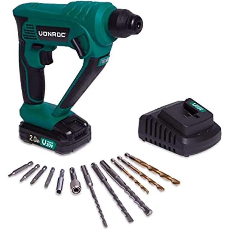 VONROC Akku-Bohrhammer VPower 20 V, 3-in-1 mit 2,0 Ah Akku und Ladegerät, 1,3 Joule, SDS-plus, inklusive Zubehör und Werkzeugtasche – Bild 1