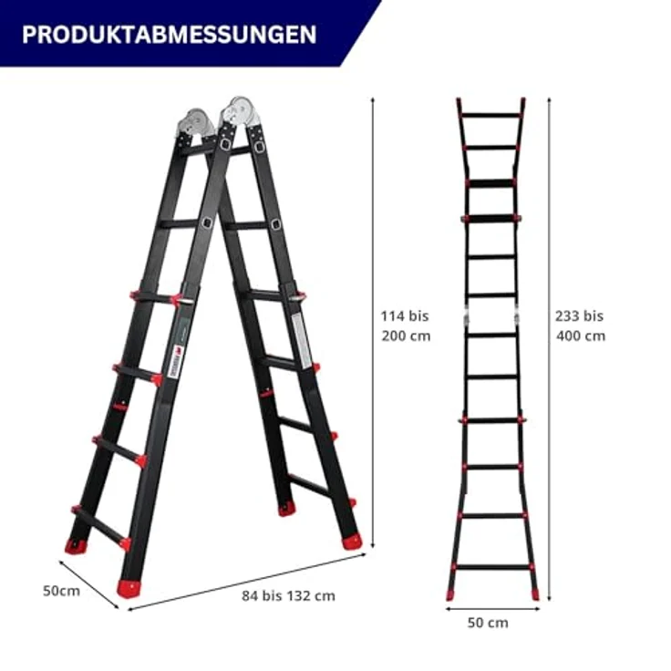 PROREGAL APOLLO 3-in-1 Sprossen-Mehrzweckleiter, Aluminiumleiter bis 4m Höhe, Traglast 150kg, schwarz, klappbar, teleskopierbar, für Treppen und als Anlegeleiter – Bild 2