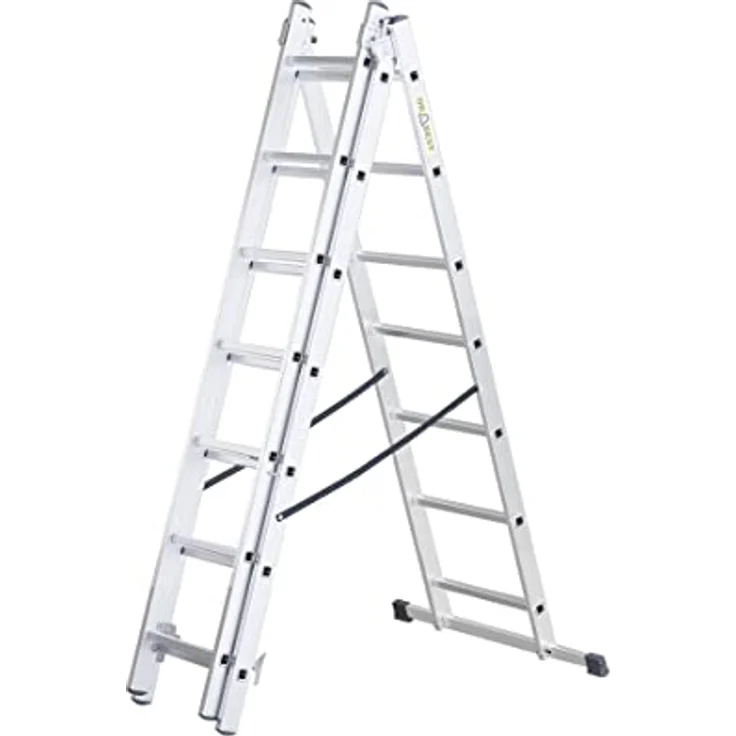 DRABEST Aluleiter Mehrzweckleiter 3-teilig Industrieleiter 3 x 7 Sprossen Basic Belastbarkeit 150 kg Arbeitshöhe 4,23 m inkl. Eimerhaken – Bild 2