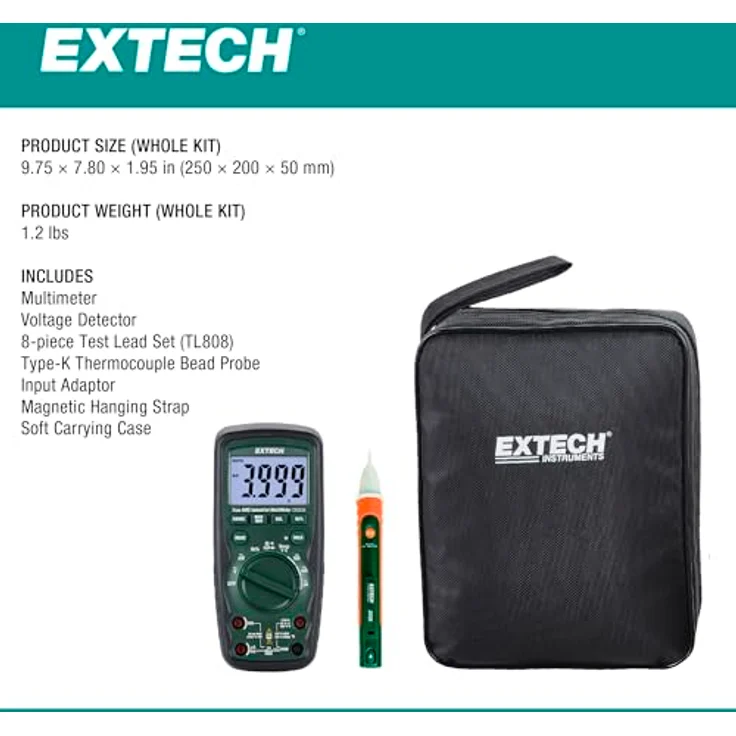Extech Multimeter Hochleistungs-Industrie-Multimeter-Kit, CAT IV-600V, True RMS, 8-teiliges Messleitungsset, blau – Bild 8