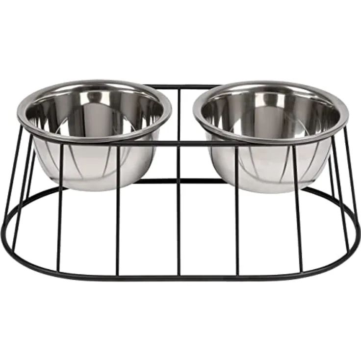 WONDERMAKE® Design Hundenapf erhöht für mittelgroße/große Hunde mit Ständer, Futternapf Hund Futterstation rutschfest aus Edelstahl, Fressnapf 2er Set 2 Näpfe doppelt, 47x26,5x17 cm, Silber Schwarz
