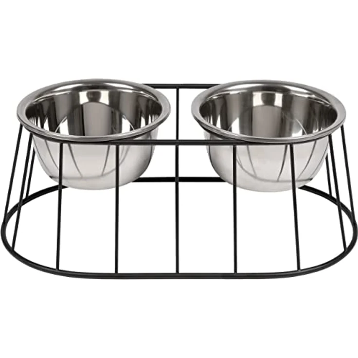 WONDERMAKE® Design Hundenapf erhöht für mittelgroße/große Hunde mit Ständer, Futternapf Hund Futterstation rutschfest aus Edelstahl, Fressnapf 2er Set 2 Näpfe doppelt, 47x26,5x17 cm, Silber Schwarz – Bild 1