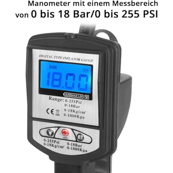 Stahlwerk Digitale Druckluft-Reifenfüllpistole DRP-18 ST, Messbereich 0-18 Bar, LCD-Display, ergonomisches Design, 590 mm Füllschlauch – Bild 3