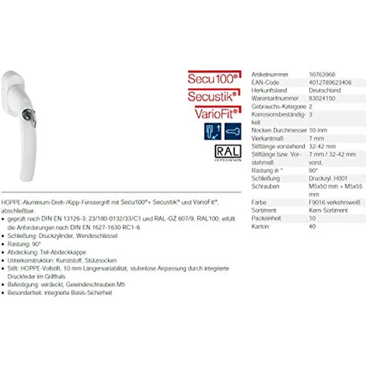 HOPPE Fenstergriff Atlanta 0530S/US952 Alu.F9016/verkehrsweiß 32-42mm abschl.HOPPE – Bild 3