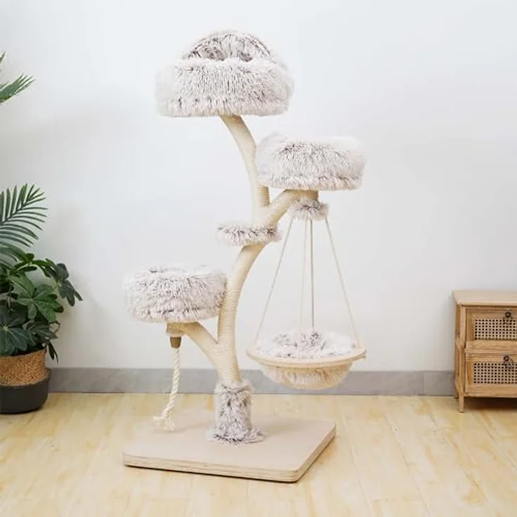 Fudajo Designer Kratzbaum in Zweigdesign 130 cm hoch, Katzenkratzbaum mit Plüsch und Sisal, Kletterbaum für Katzen, Katzenbaum mit Hängeliege - Preisvergleich – Bild 2