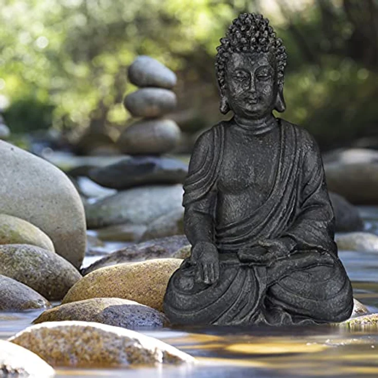 Relaxdays, dunkelgrau sitzende Figur, 40 cm hoch, Feng Shui, Outdoor, Garten Dekofigur, große Zen Buddha Statue – Bild 3