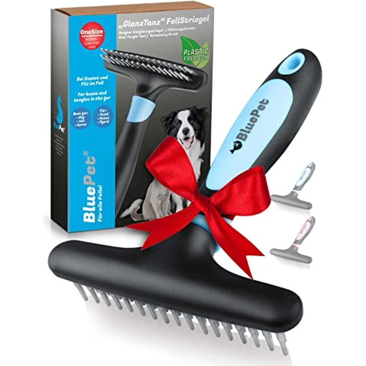 BluePet GlanzTanz Fellentwirrer Entfilzer für Langhaar Hunde und Katzen - Hochwertiger Hundestriegel mit zwei Reihen Pins - Löst Knoten & Verfilzungen - Glättet & Entwirrt das Deckhaar (Blau) – Bild 1