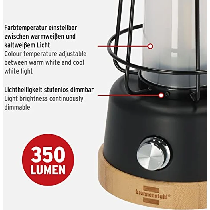 Brennenstuhl LED Akku Outdoor Lampe CAL 1 (350lm, IP44, bis zu 75h Leuchtdauer, stufenlos dimmbar, Farbtemperatur einstellbar, wiederaufladbare USB Campinglampe mit Hanfseil und Bambussockel) – Bild 3