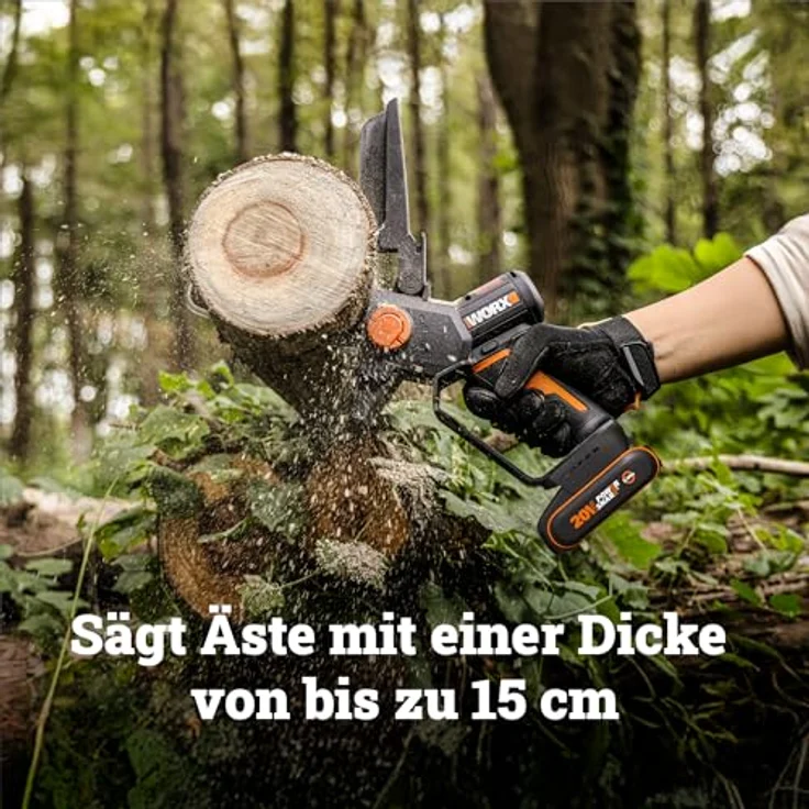 Worx WG327E 20 V Akku-Mini-Kettensäge mit bürstenlosem Motor, automatischer Kettenschmierung und werkzeuglosem Kettenwechsel – Bild 2