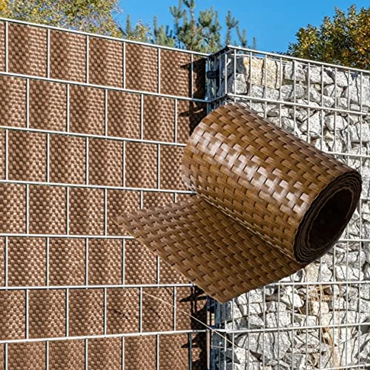NYVI Polyrattan Sichtschutzstreifen Privafence Honig, 10 Rollen (25,5 Meter), wetterfest, 3D-Optik für Doppelstabmattenzaun – Bild 1