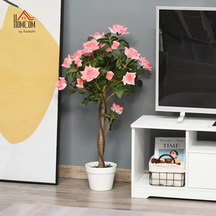 Outsunny Künstliche Rosenpflanze, 90 cm großer Kunstbaum im Topf, realistische Plastik Rosenanlage für Wohnzimmer, Schlafzimmer und Büro, pflegeleichte Dekoration – Bild 2