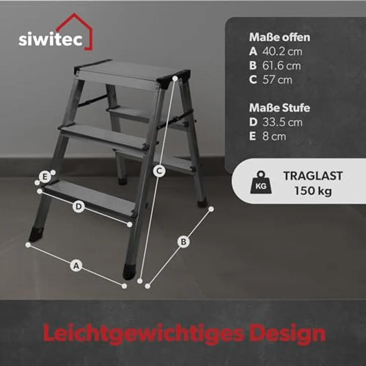 siwitec Alumium-Klapptritt 3 Stufen | Kleine Trittleiter | rutschfeste Standfüße | 150 kg Traglast | Geriffelte Stufen | Platzsparend | Klappleiter – Bild 2