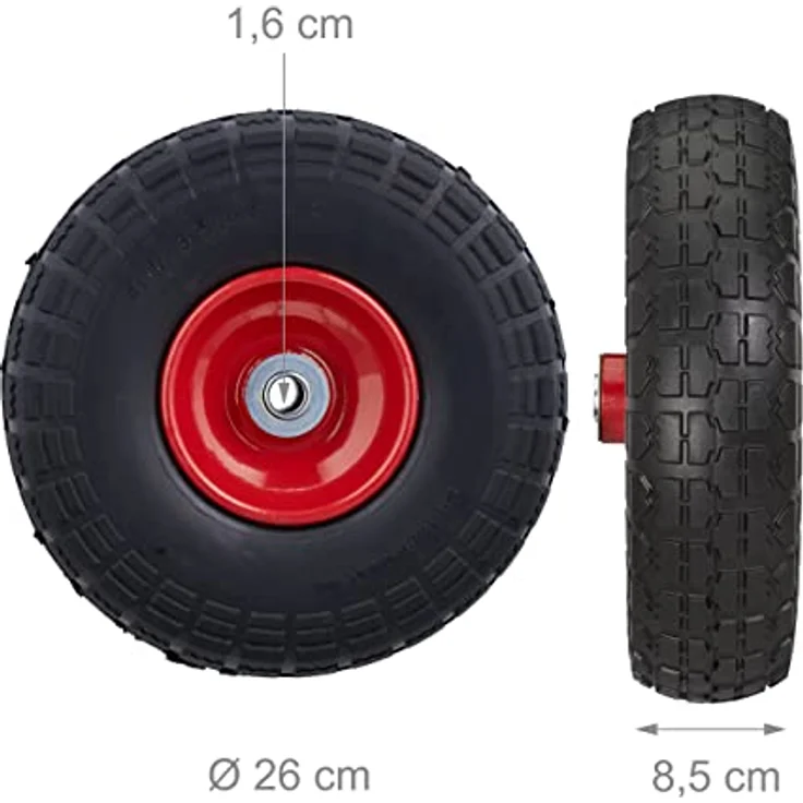 Relaxdays 2X Sackkarrenrad, pannensichere Vollgummireifen, 4.1/3.5-4", 16 mm Achse, bis 150 kg, 260x85 mm, schwarz-rot – Bild 4