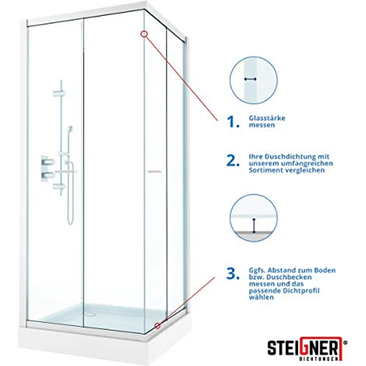 STEIGNER Duschdichtung UK09, 30cm, für Glasstärken 6/7/8 mm, gerade PVC Ersatzdichtung, 100% wasserdicht, schimmel- und kalkresistent – Bild 3